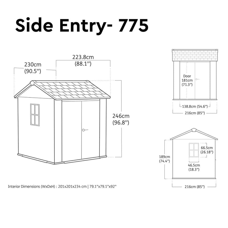 Keter 7′ x 7.5′ Newton Plus Side Entry Plastic Shed – Dark Grey