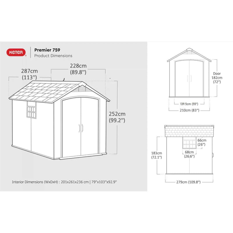 Keter 7.5×9 Premier Heavy Duty Plastic Shed – Grey